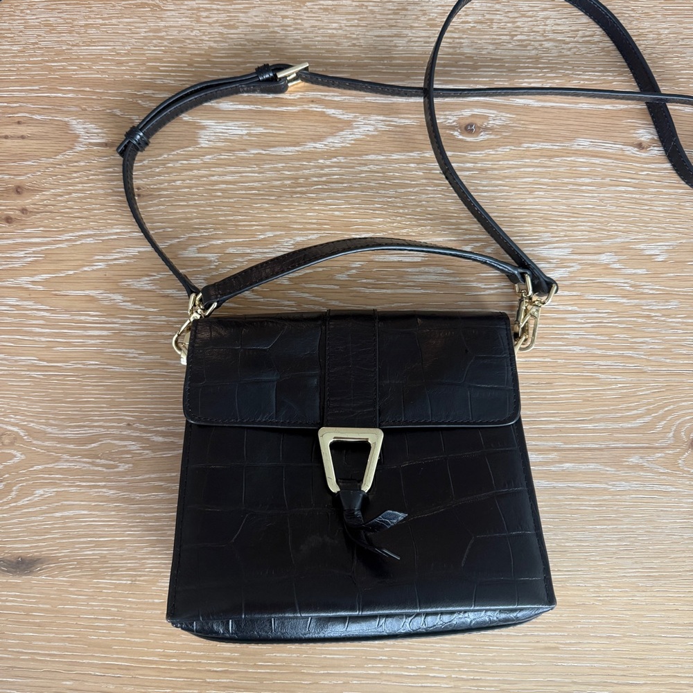 ANTONIO MELANI Black Croc-Embossed Top-Handle Satchel with Gold Hardware